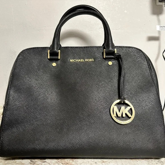 MICHAEL KORS Jet Set Satchel Purse Top Handle - Gold & Black Saffiano Leather - Picture 2 of 15